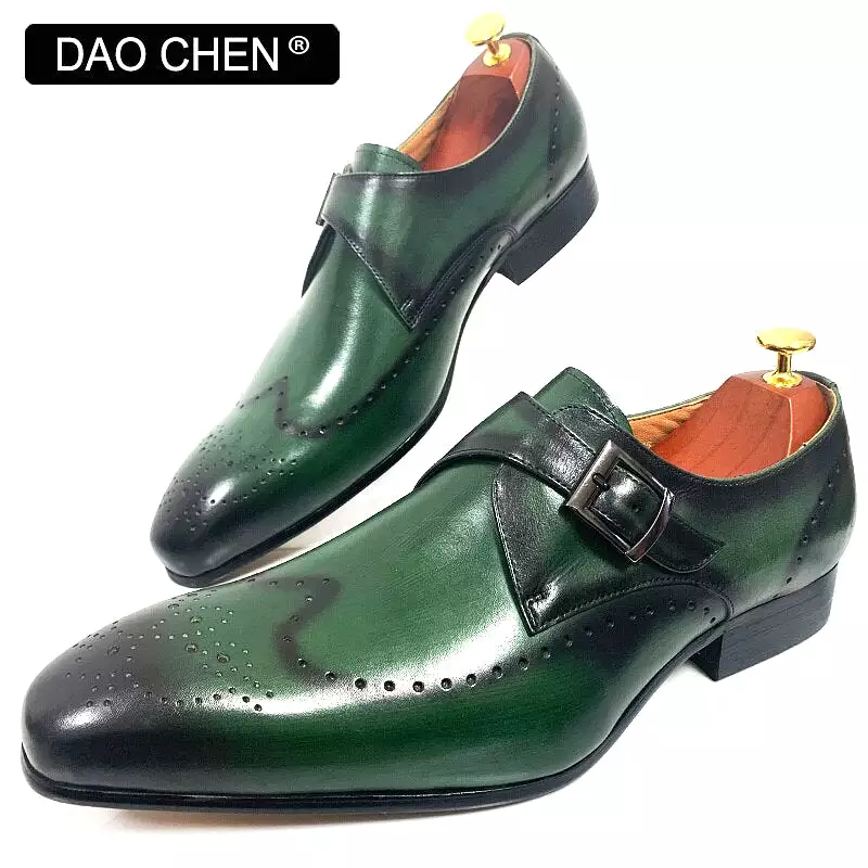 MONK STRAP SHOES BLACK GREEN WINGTIP GENUINE LEATHER MENS DRESS SHOES