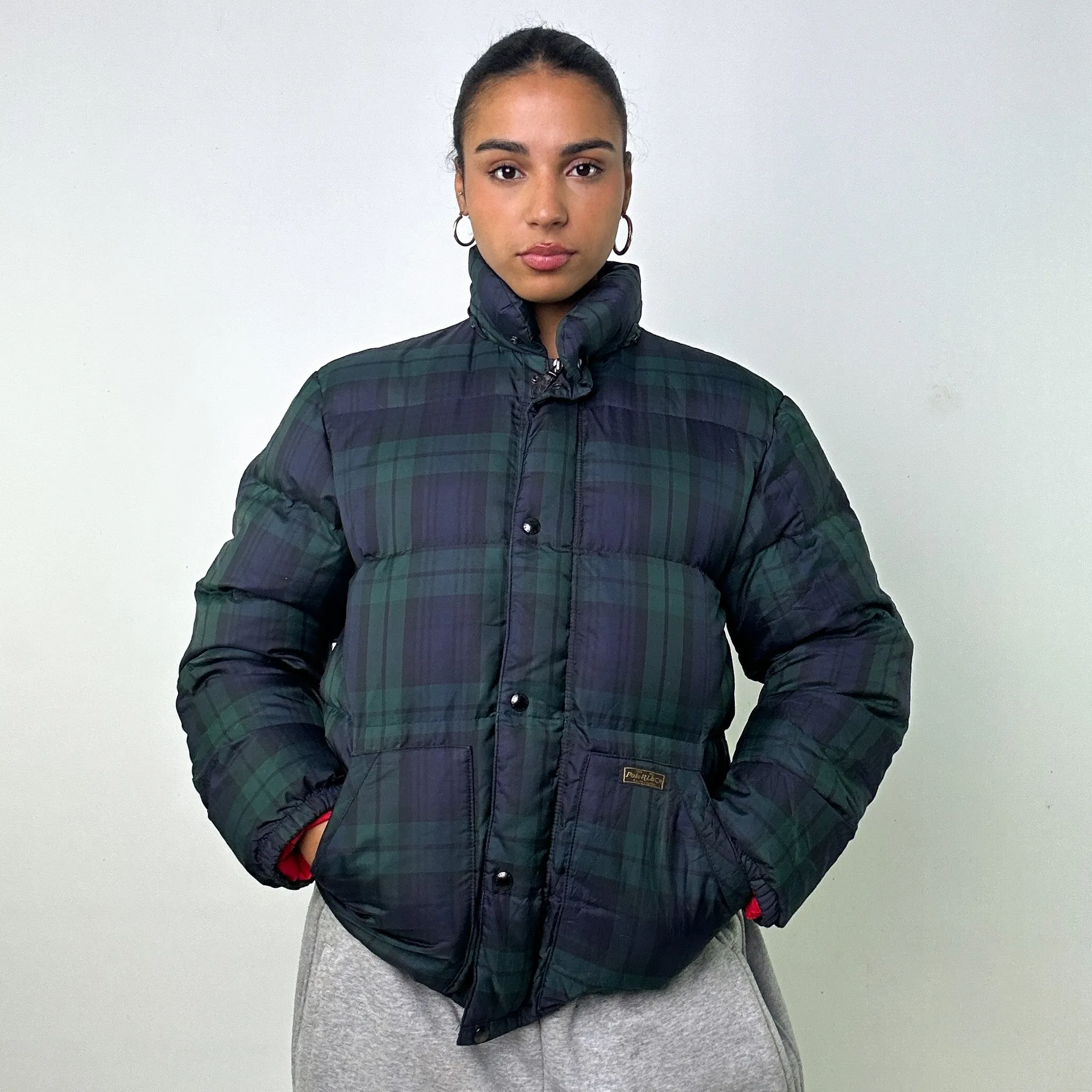 NAVY BLUE / GREEN TARTAN 90S POLO RALPH LAUREN PUFFER JACKET COAT (