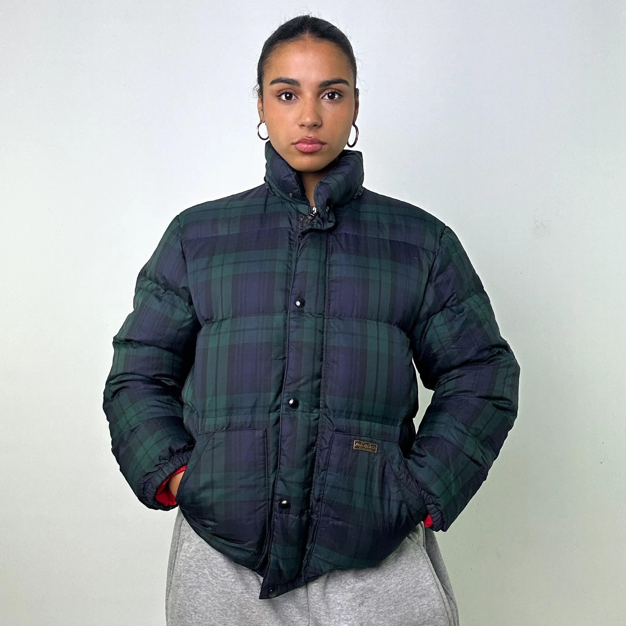 NAVY BLUE / GREEN TARTAN 90S POLO RALPH LAUREN PUFFER JACKET COAT (