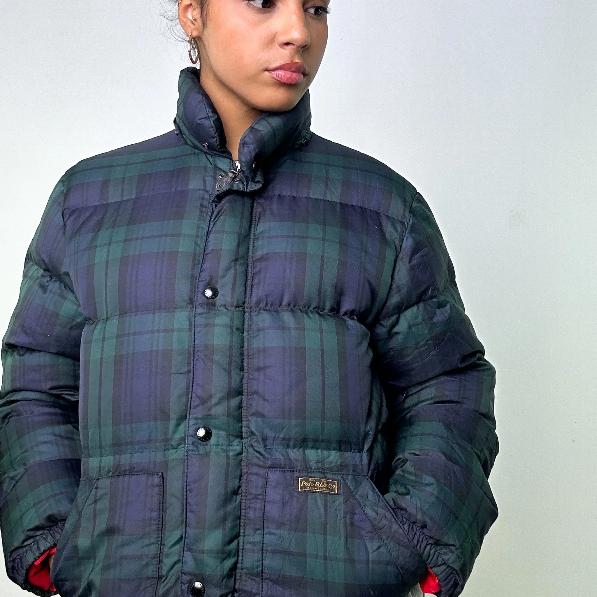 NAVY BLUE / GREEN TARTAN 90S POLO RALPH LAUREN PUFFER JACKET COAT (