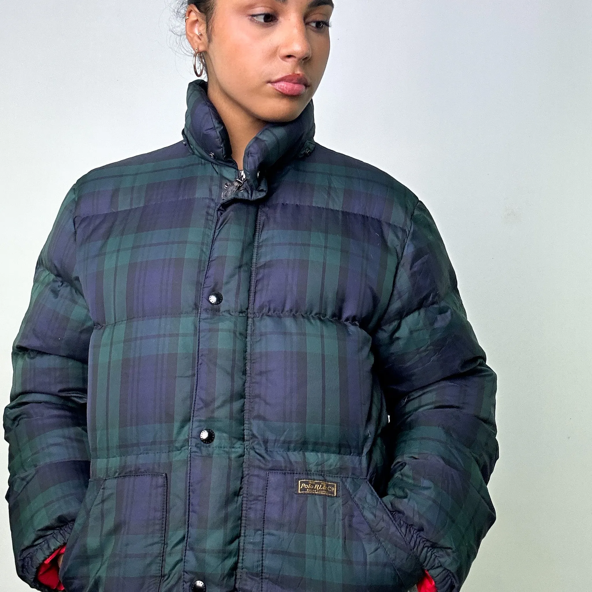 NAVY BLUE / GREEN TARTAN 90S POLO RALPH LAUREN PUFFER JACKET COAT (