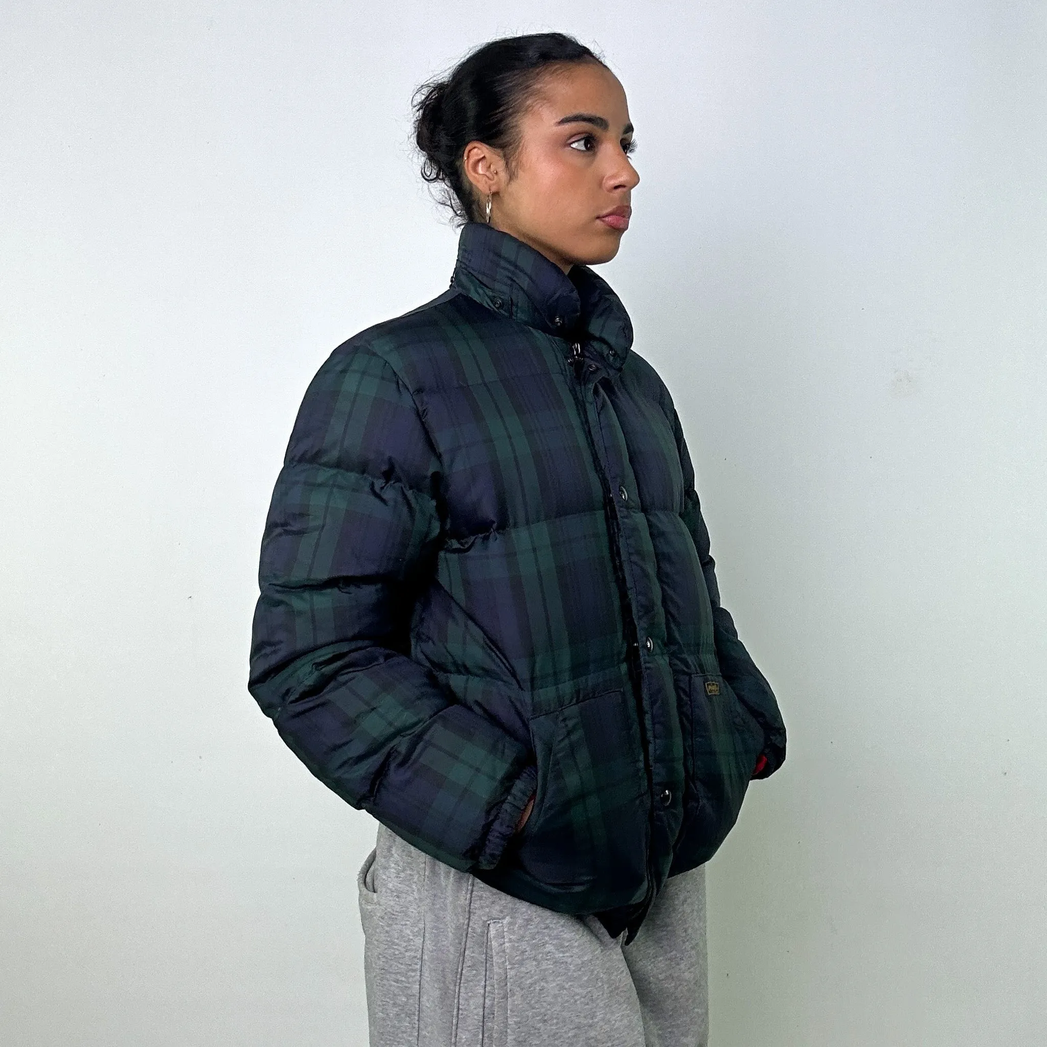 NAVY BLUE / GREEN TARTAN 90S POLO RALPH LAUREN PUFFER JACKET COAT (