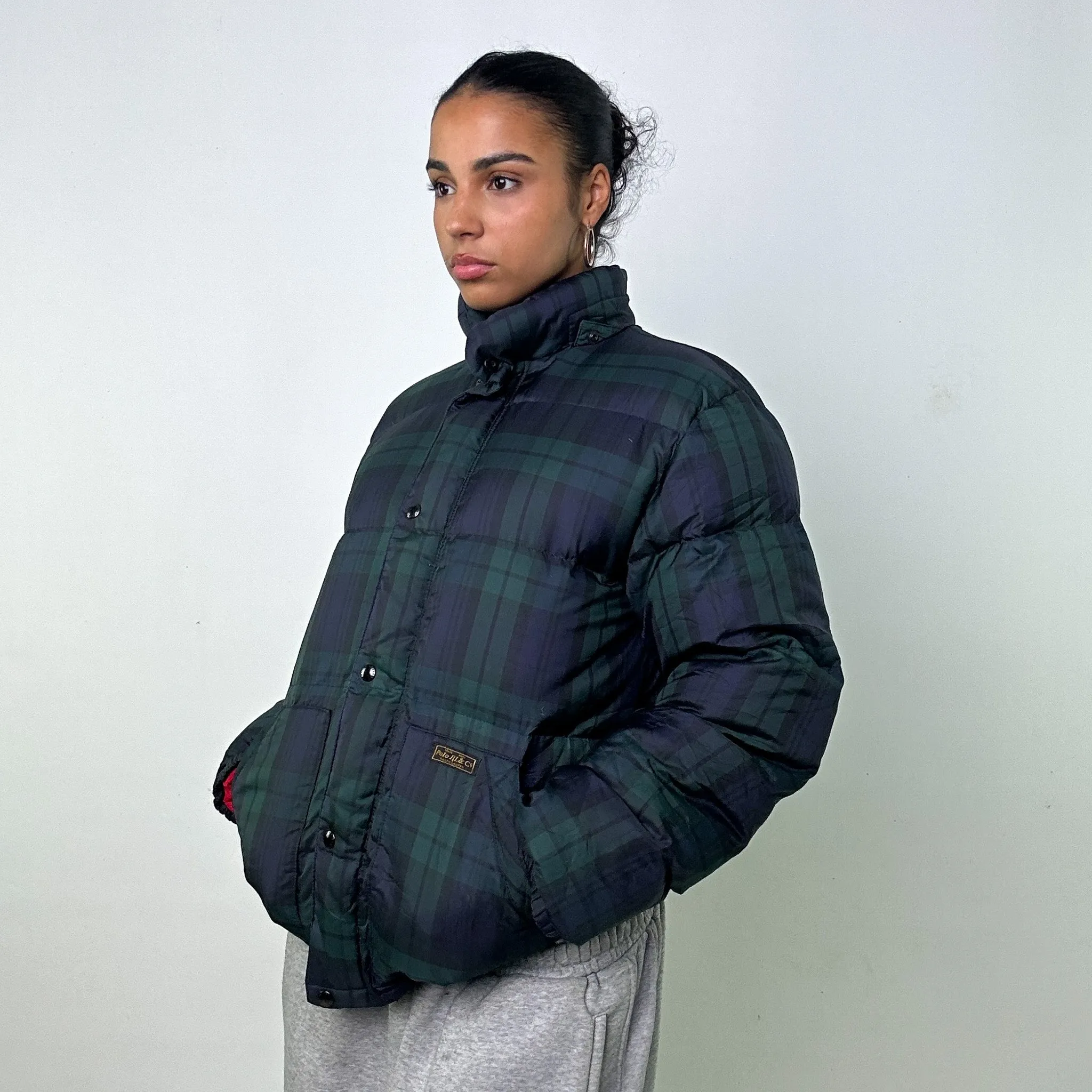 NAVY BLUE / GREEN TARTAN 90S POLO RALPH LAUREN PUFFER JACKET COAT (