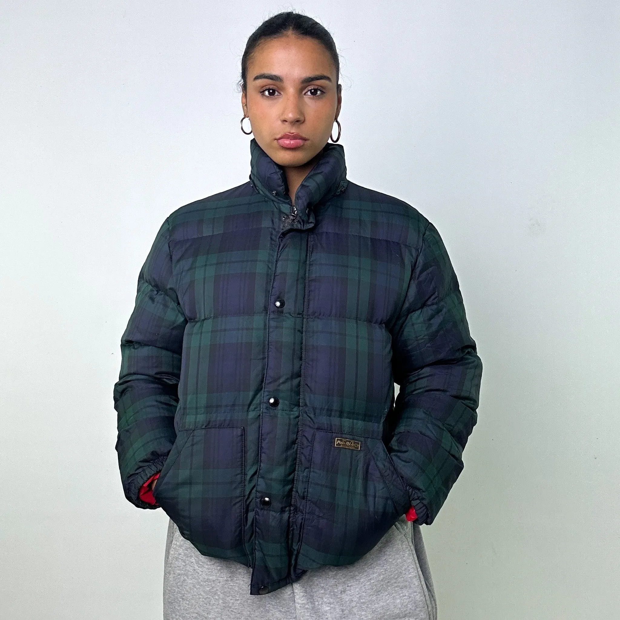 NAVY BLUE / GREEN TARTAN 90S POLO RALPH LAUREN PUFFER JACKET COAT (