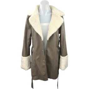 NEW 12th Tribe Taupe Cream Vegan Leather Fleece Sherpa Belted Gigi Coat Jacket M