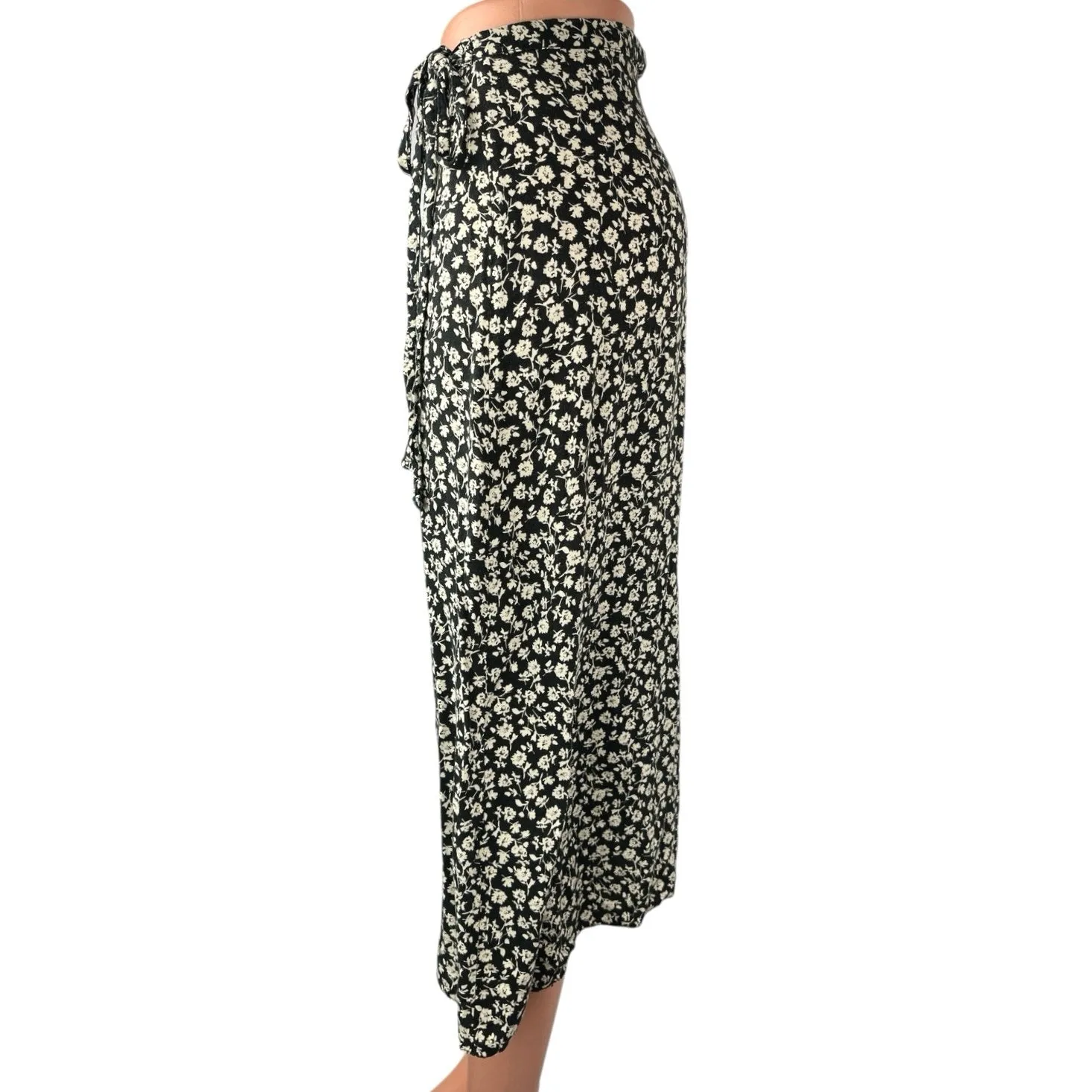 New Look Women's Black White Floral Print Casual Midi Tie Wrap Skirt Size 8