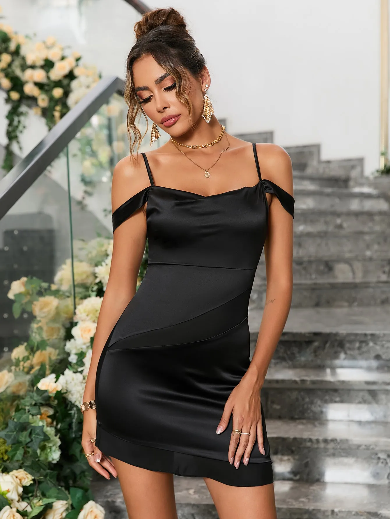 Off Shoulder Backless Satin Mini Dress