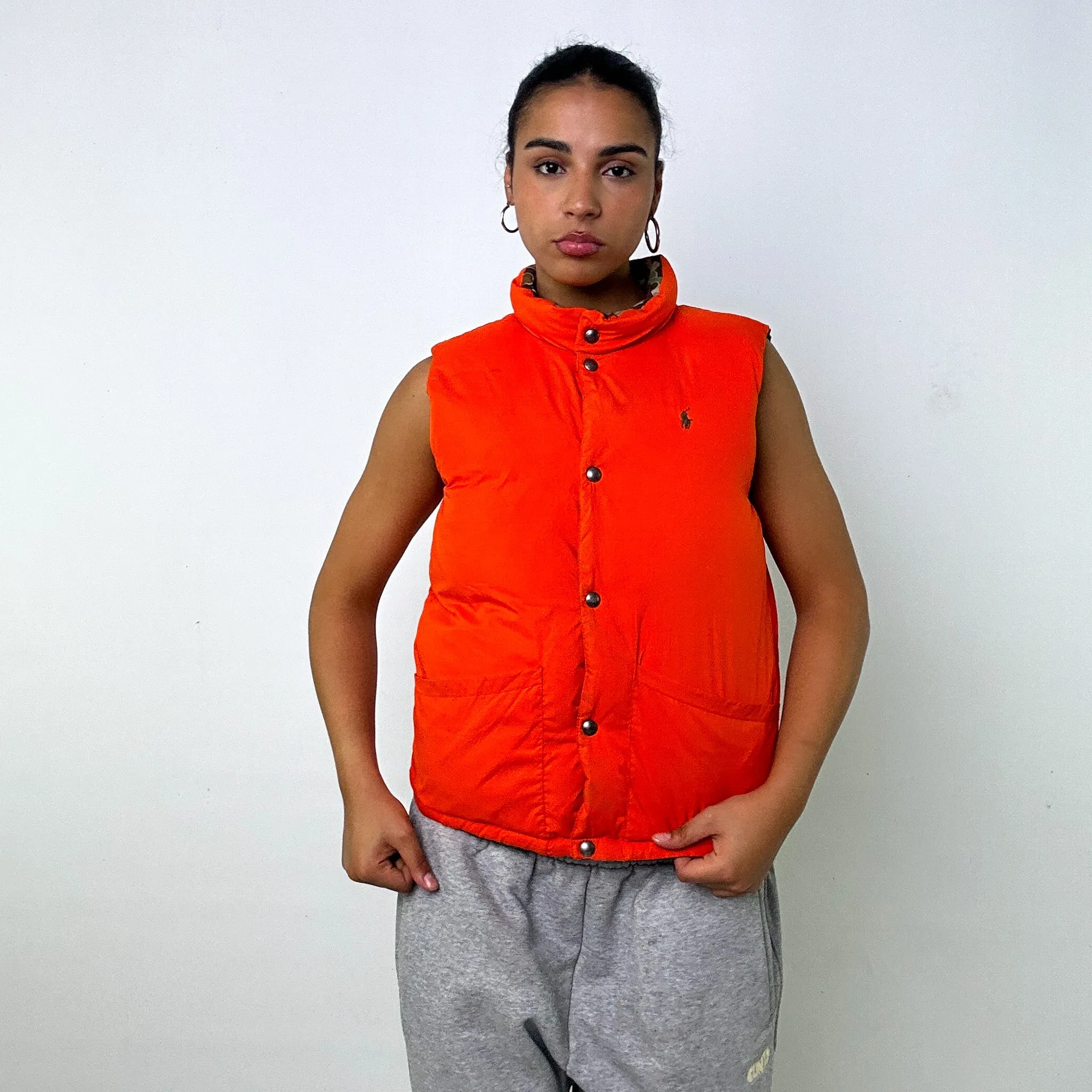 Orange Reversible Camo y2ks Polo Ralph Lauren Puffer Jacket Coat Gilet (S)