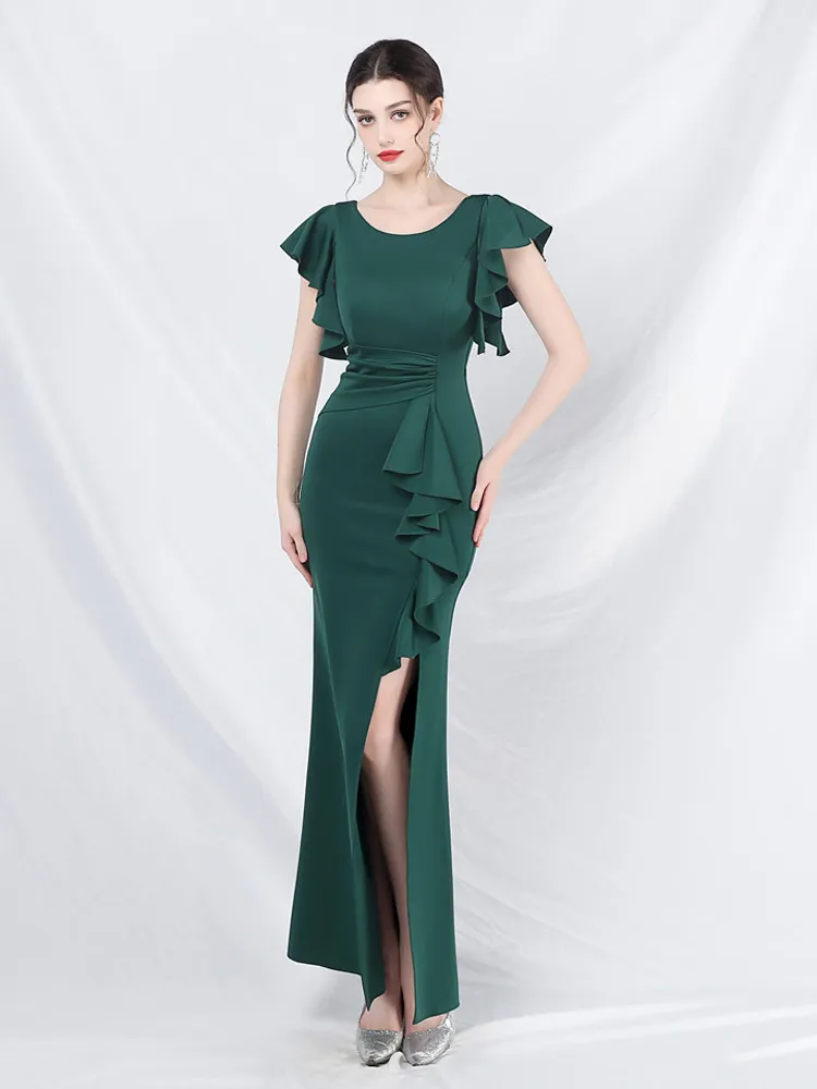 Party Dress Ruffles High Slit Backless Asymmetrical Long Dress