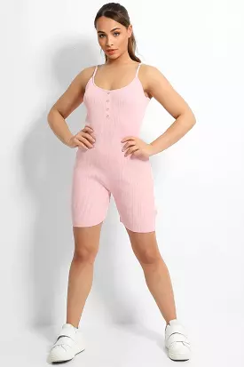 Pink Soft Rib Knit Button Details Cami Romper