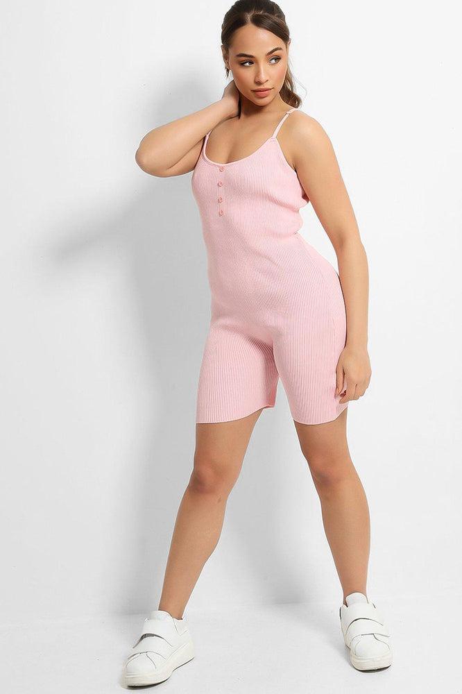 Pink Soft Rib Knit Button Details Cami Romper