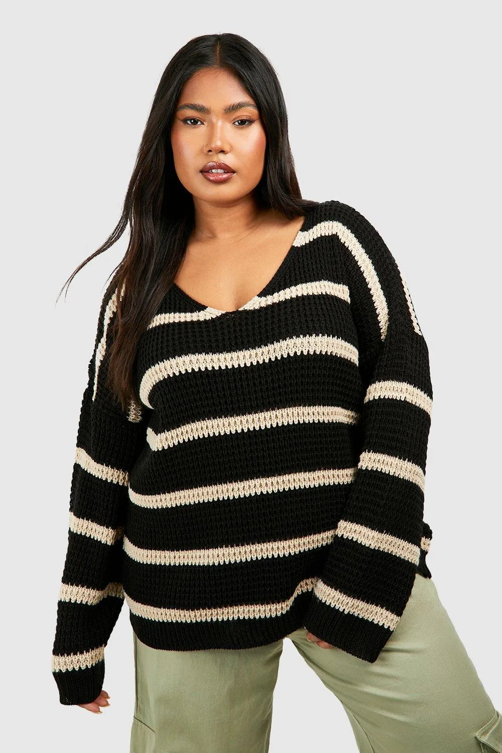 Plus Chunky Oversized Stripe V Neck Sweater