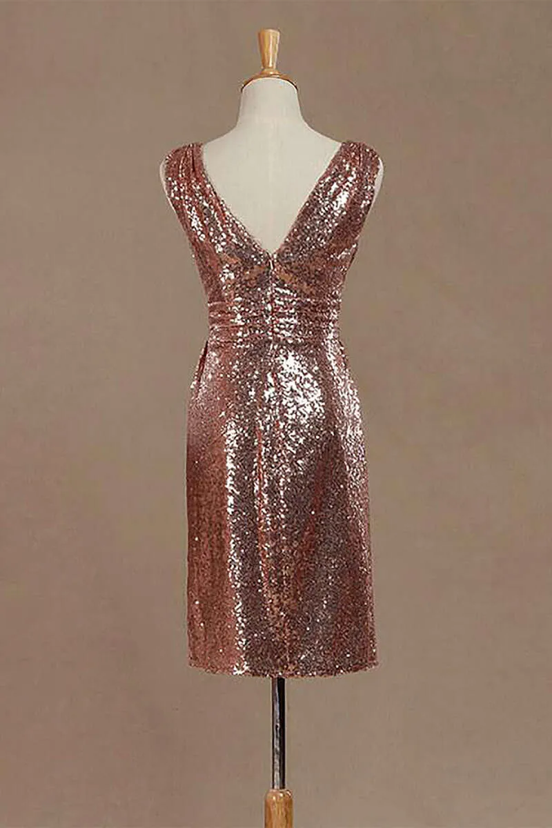 Rose Gold Sequin V-Neck Backless Short Bridesmaid Dress