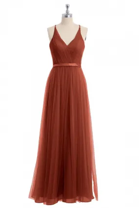 Rust Orange V-Neck Backless A-Line Long Bridesmaid Dress