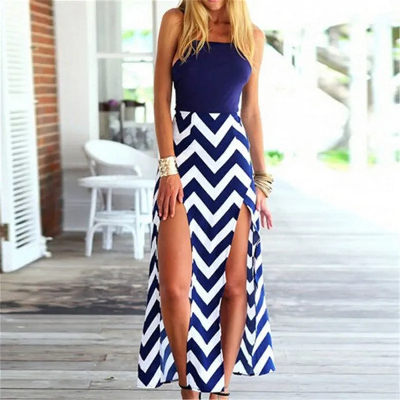 Sexy Women Backless Striped Split Chiffon Maxi Dress Party Beach Long CusualSM6