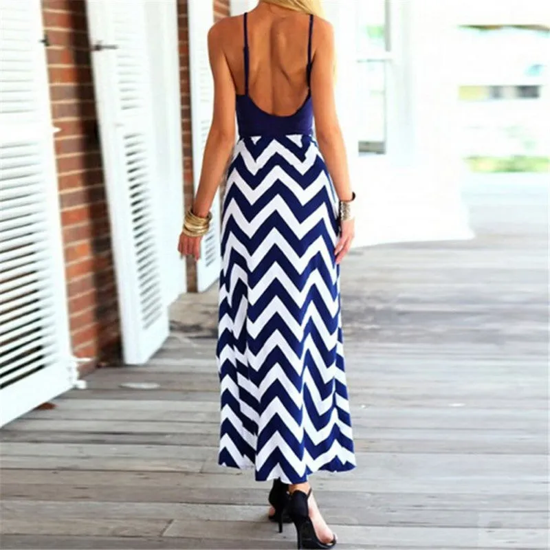 Sexy Women Backless Striped Split Chiffon Maxi Dress Party Beach Long CusualSM6