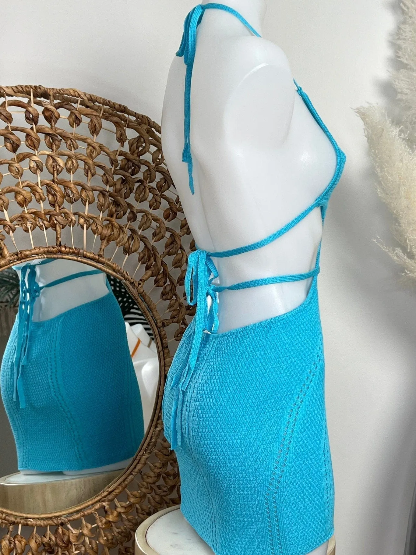 Sky Blue Crochet Knit Halter Neck Backless Beach Resort Mini Dress