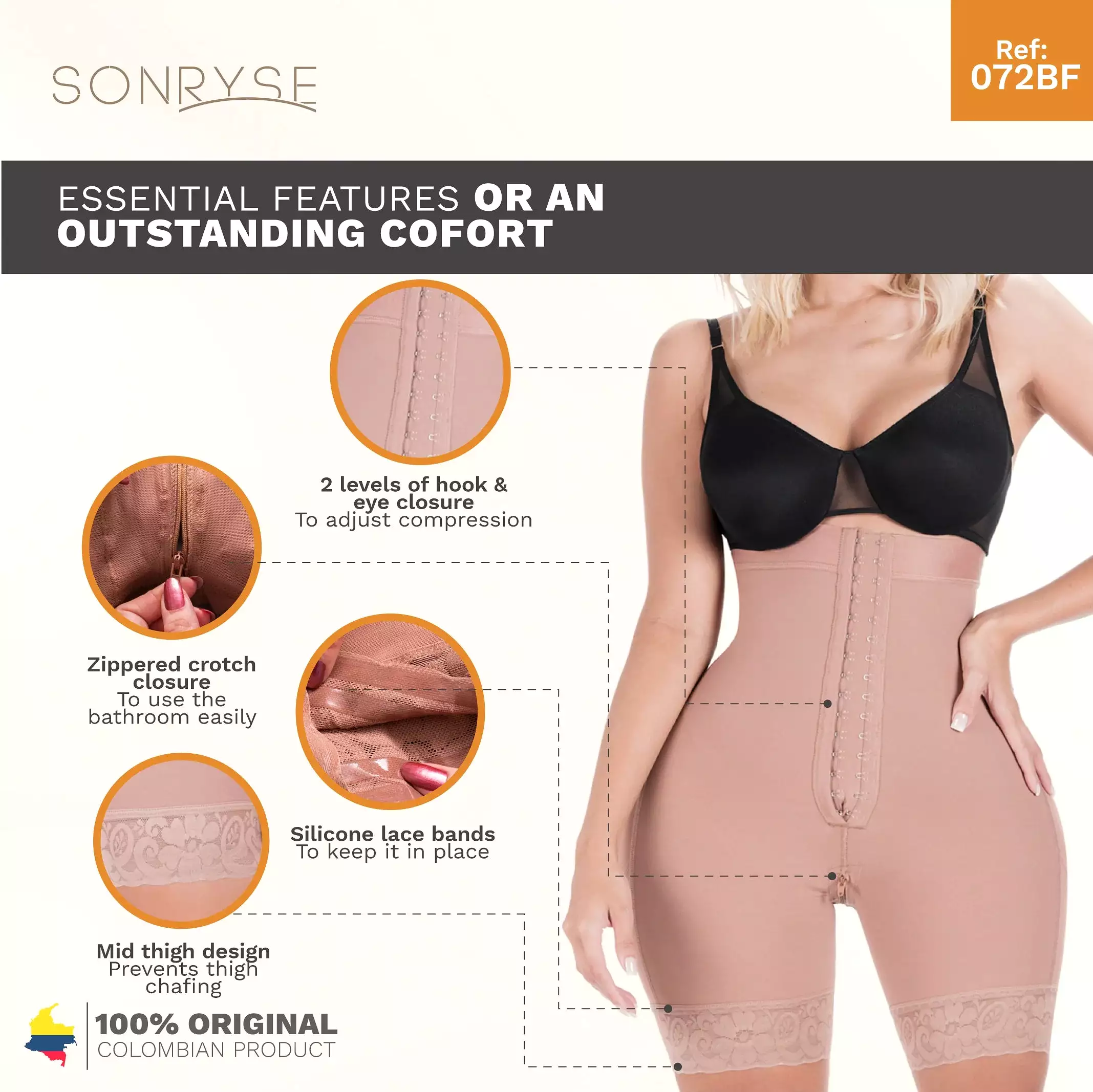 SONRYSE 072BF | FAJAS COLOMBIANAS TUMMY CONTROL BUTT LIFTING SHAPEWEAR SHORTS | DAILY USE | POWERNET