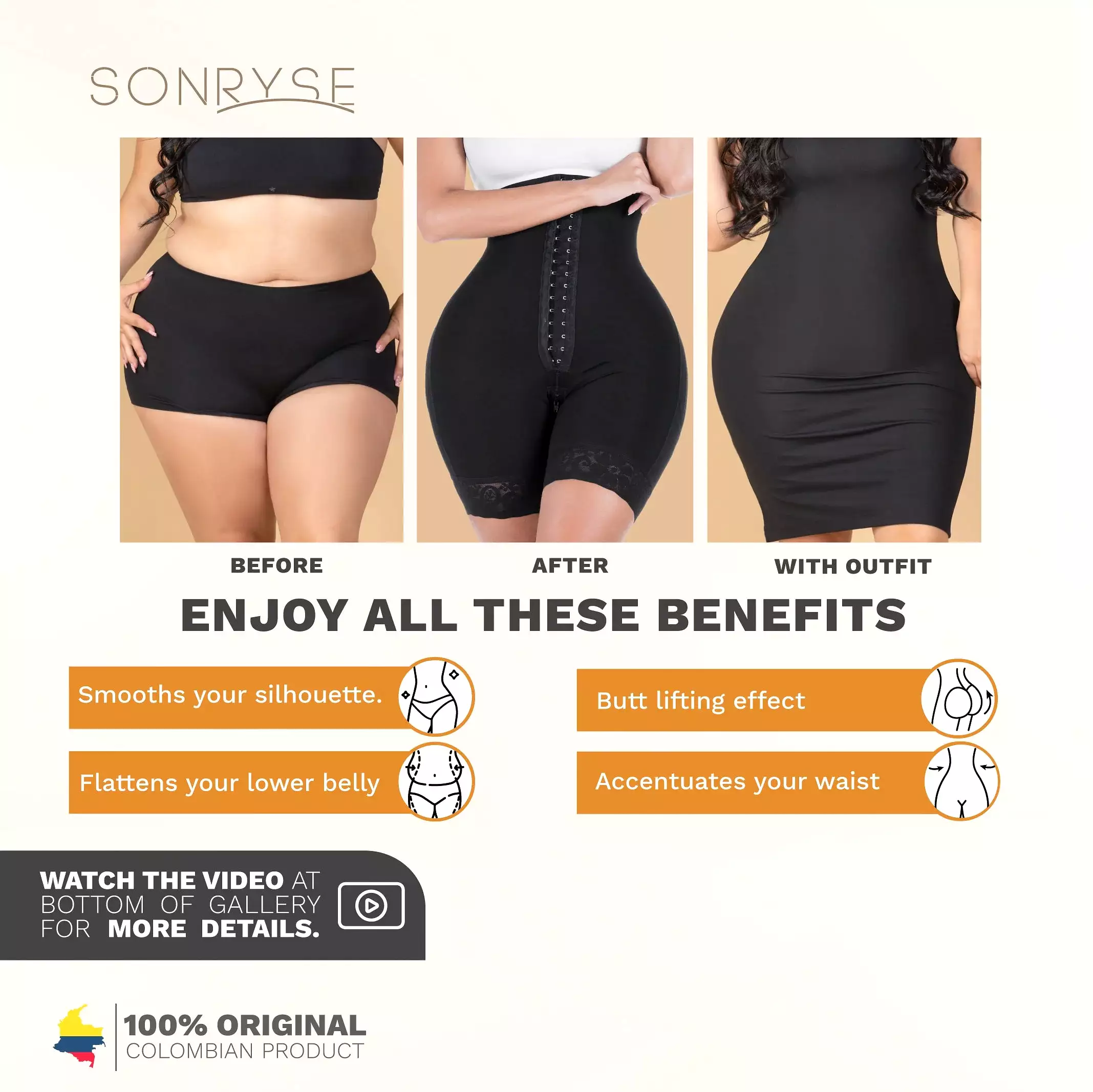 SONRYSE 072BF | FAJAS COLOMBIANAS TUMMY CONTROL BUTT LIFTING SHAPEWEAR SHORTS | DAILY USE | POWERNET