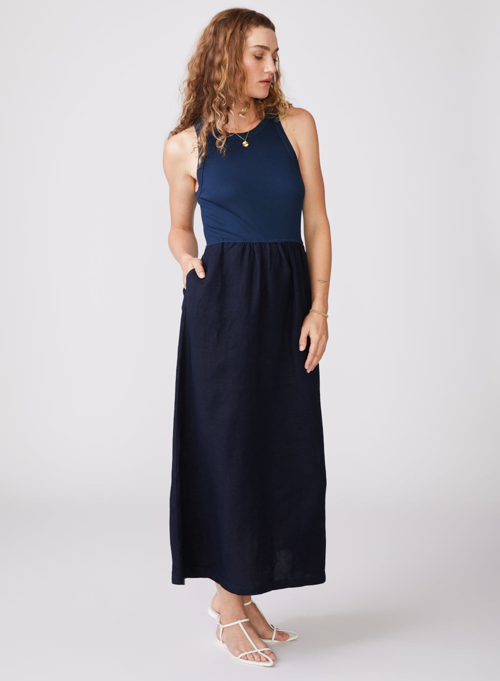 Stateside Linen Mixed Media High Neck Dress in New Navy