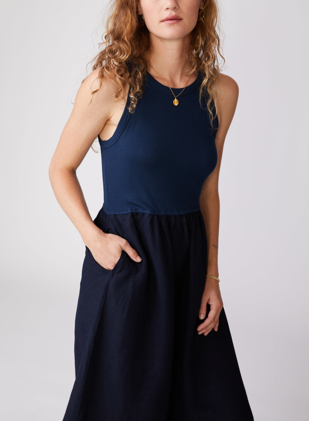 Stateside Linen Mixed Media High Neck Dress in New Navy