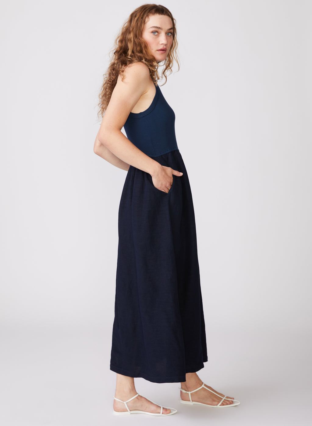 Stateside Linen Mixed Media High Neck Dress in New Navy