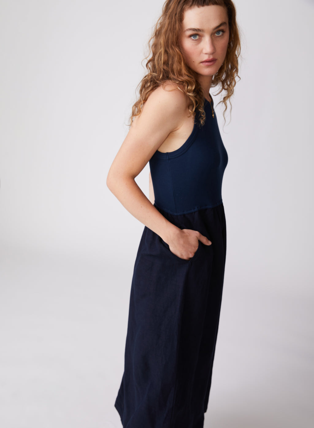 Stateside Linen Mixed Media High Neck Dress in New Navy