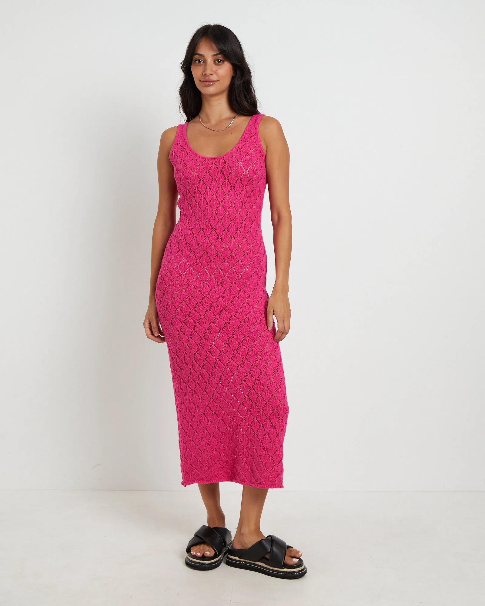 Subtitled Bodie Crochet Midi Backless Dress in Pink