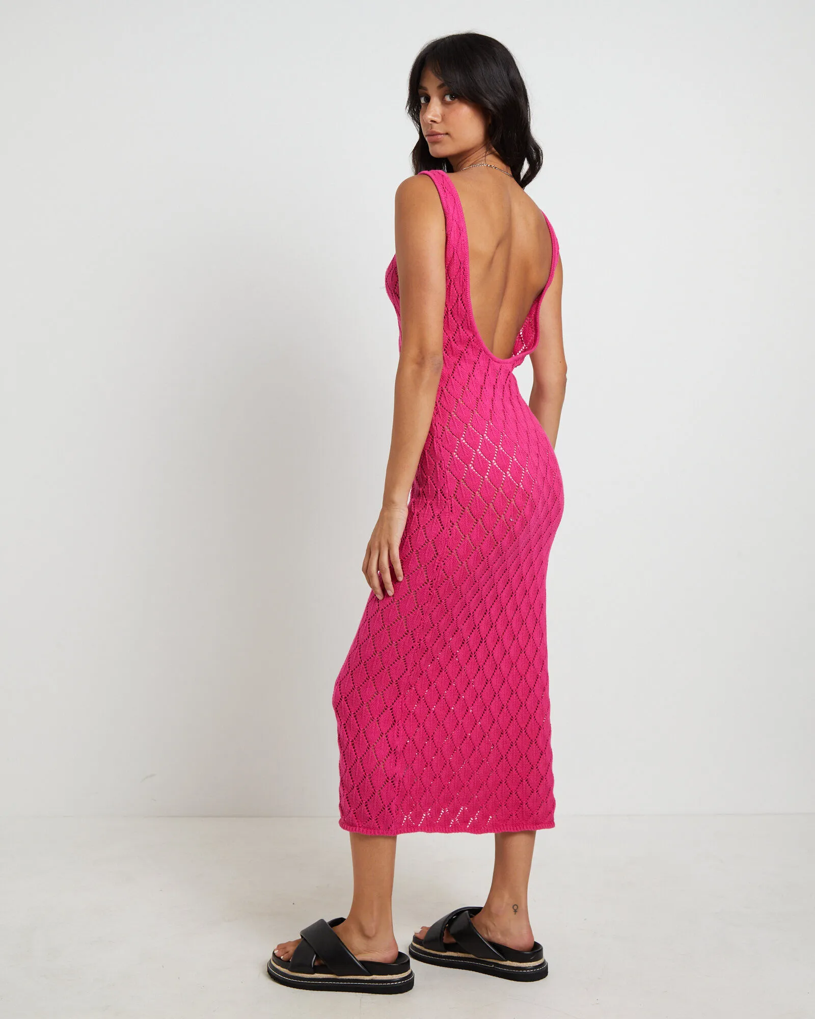 Subtitled Bodie Crochet Midi Backless Dress in Pink