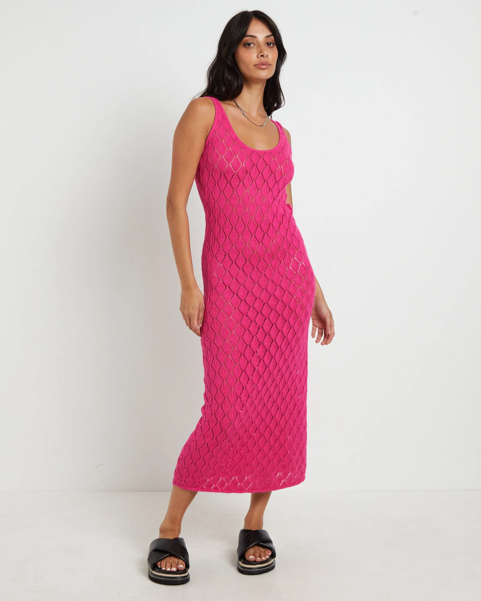 Subtitled Bodie Crochet Midi Backless Dress in Pink