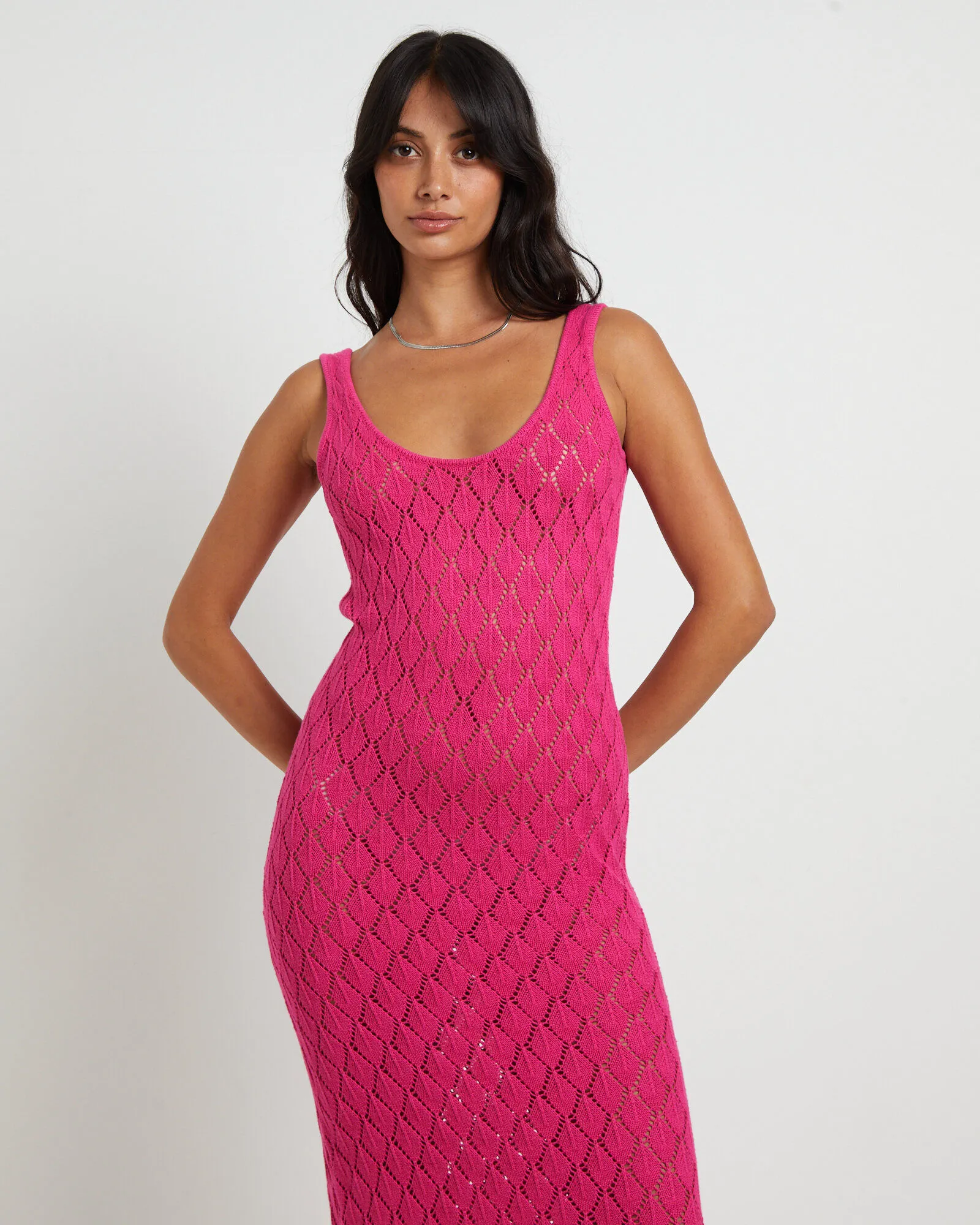 Subtitled Bodie Crochet Midi Backless Dress in Pink