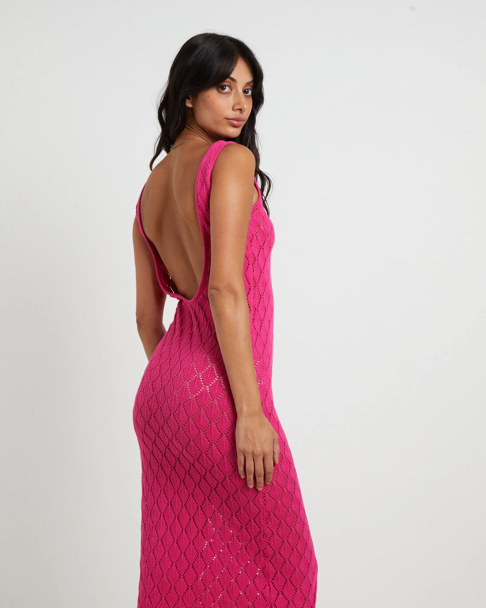 Subtitled Bodie Crochet Midi Backless Dress in Pink