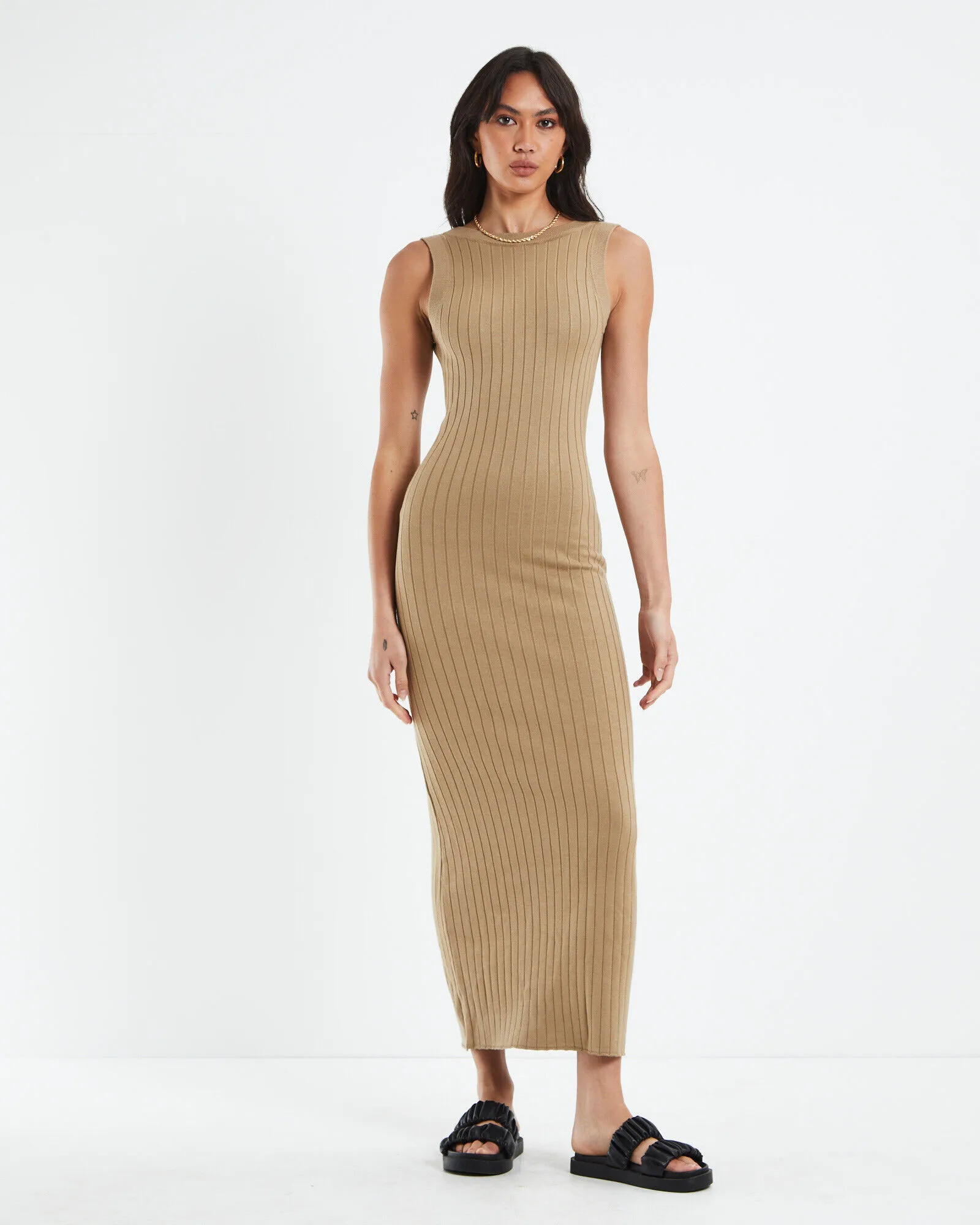 Subtitled Lyla Knitted Backless Midi Dress Natural