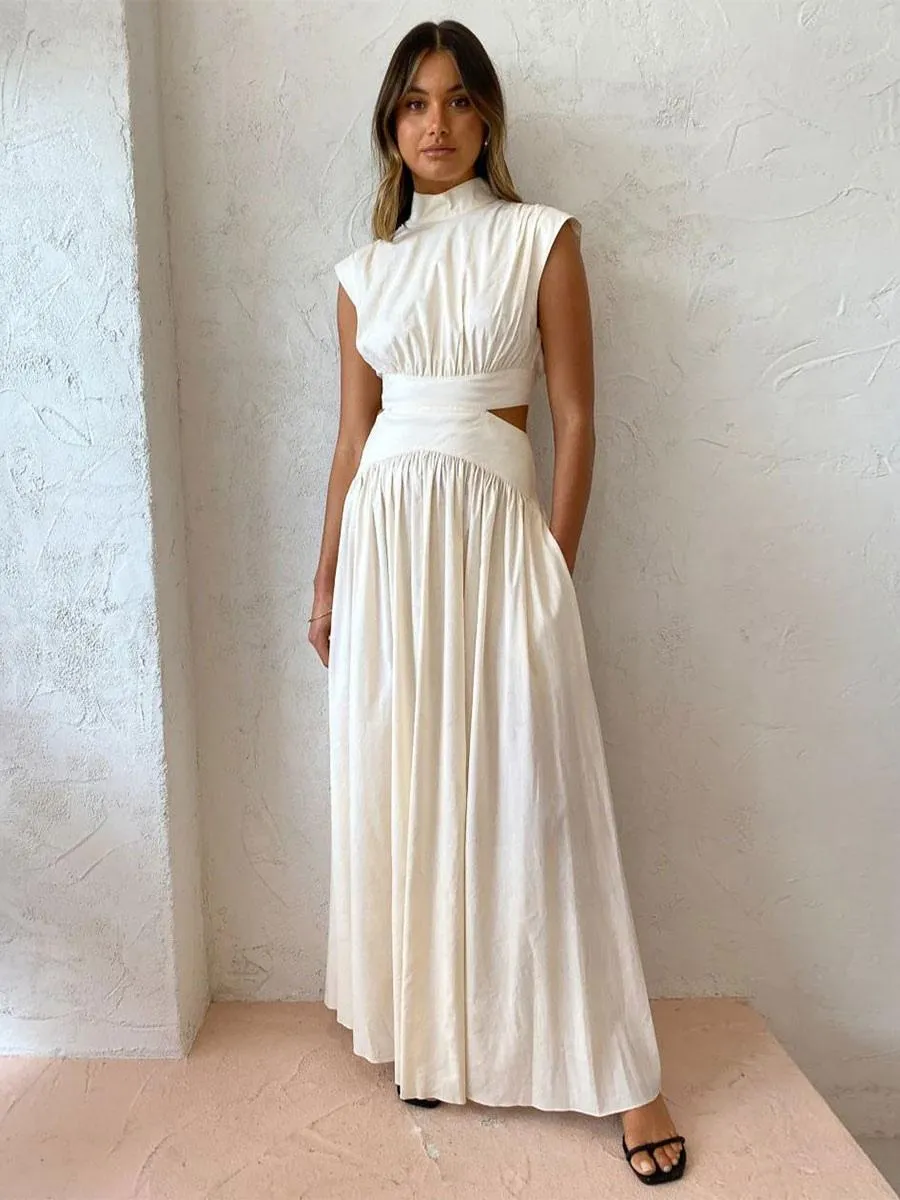 Summer Dress High Collar Pleated Backless White Long Beach Dress