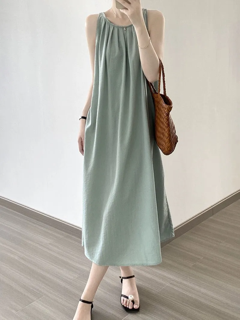 Tank top women's summer tea break French loose seaside vacation backless halter neck suspender dress sleeveless long skirt