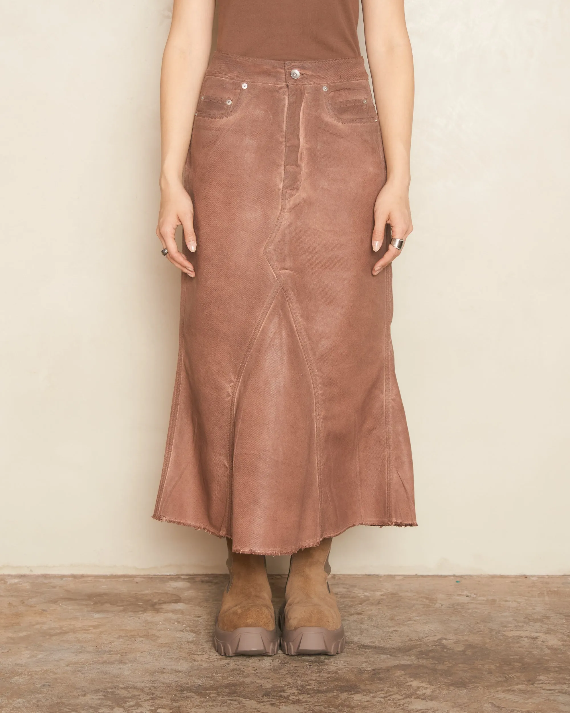 Terracotta Godet Denim Skirt