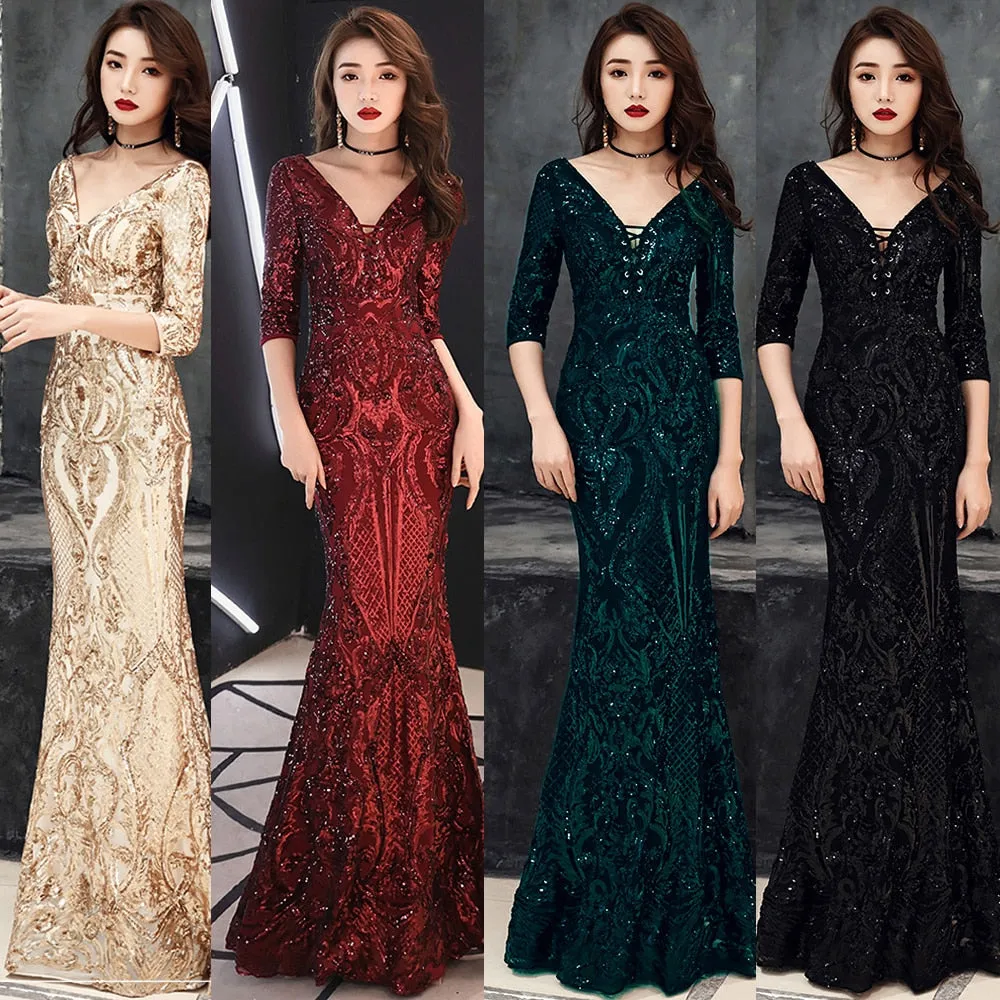 V-neck Backless Elegant Mermaid Formal Dress Sequined Half-sleeve Long Vestidos