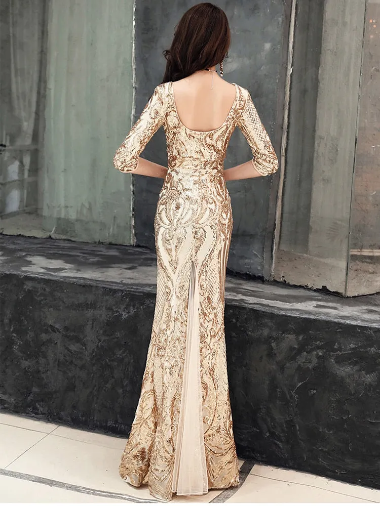 V-neck Backless Elegant Mermaid Formal Dress Sequined Half-sleeve Long Vestidos