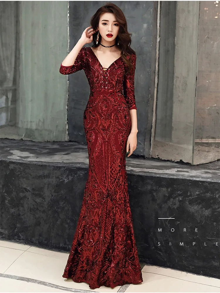 V-neck Backless Elegant Mermaid Formal Dress Sequined Half-sleeve Long Vestidos