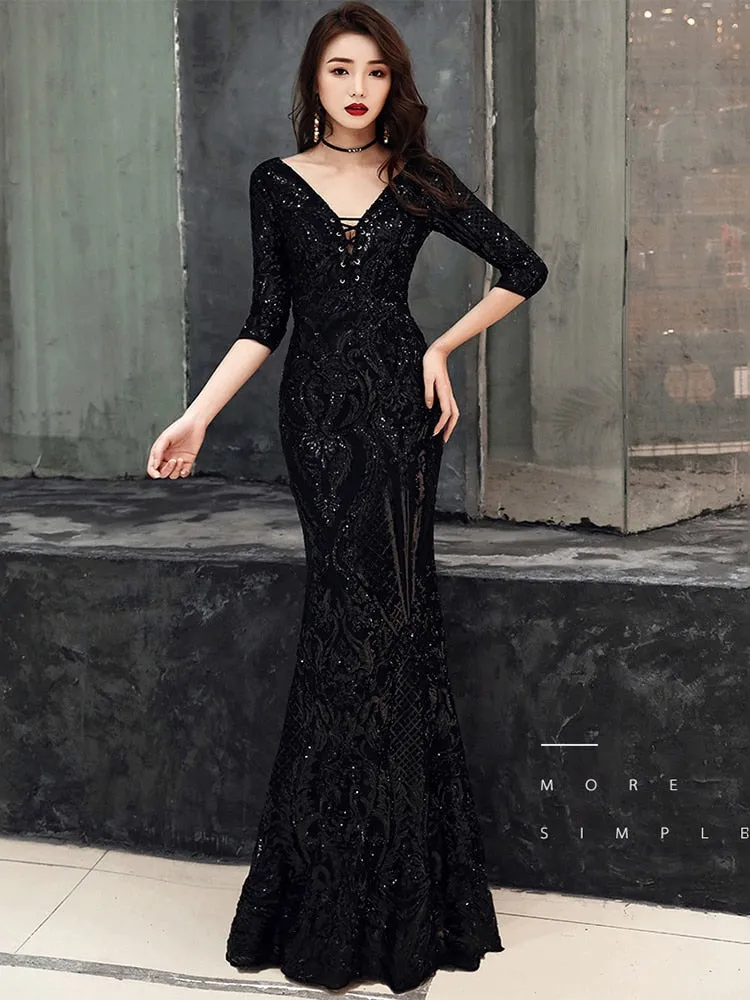 V-neck Backless Elegant Mermaid Formal Dress Sequined Half-sleeve Long Vestidos