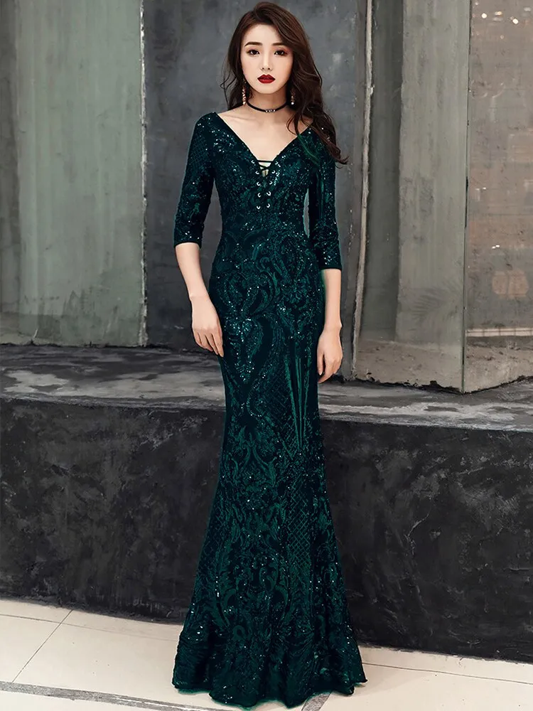 V-neck Backless Elegant Mermaid Formal Dress Sequined Half-sleeve Long Vestidos