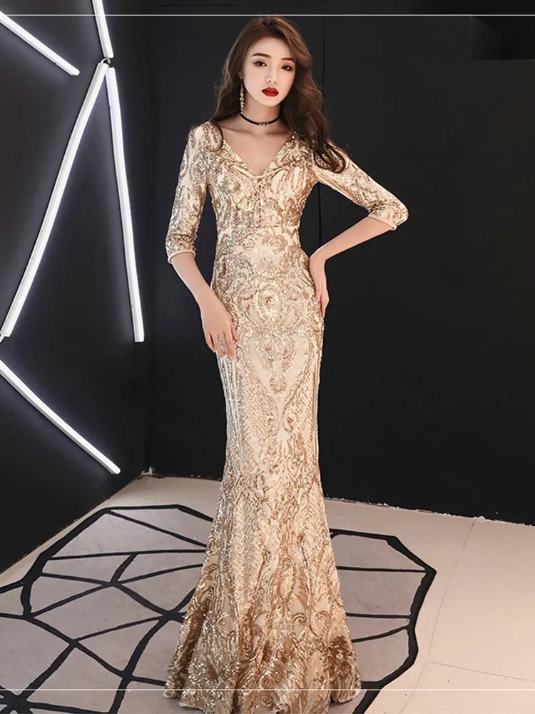 V-neck Backless Elegant Mermaid Formal Dress Sequined Half-sleeve Long Vestidos