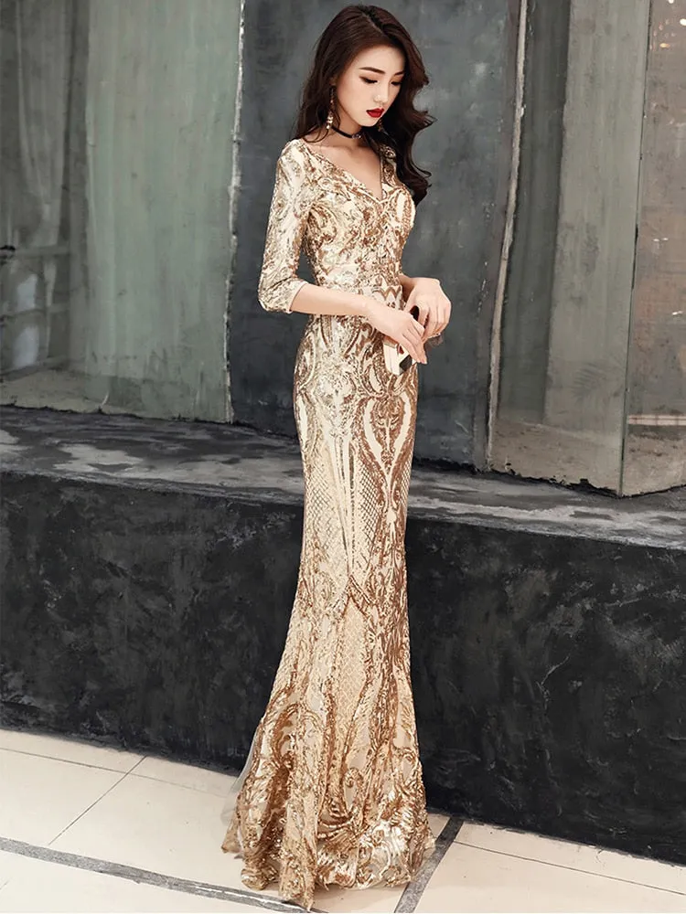 V-neck Backless Elegant Mermaid Formal Dress Sequined Half-sleeve Long Vestidos