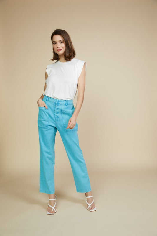 WASHED UTILITY DENIM PANTS - BRIGHT BLUE