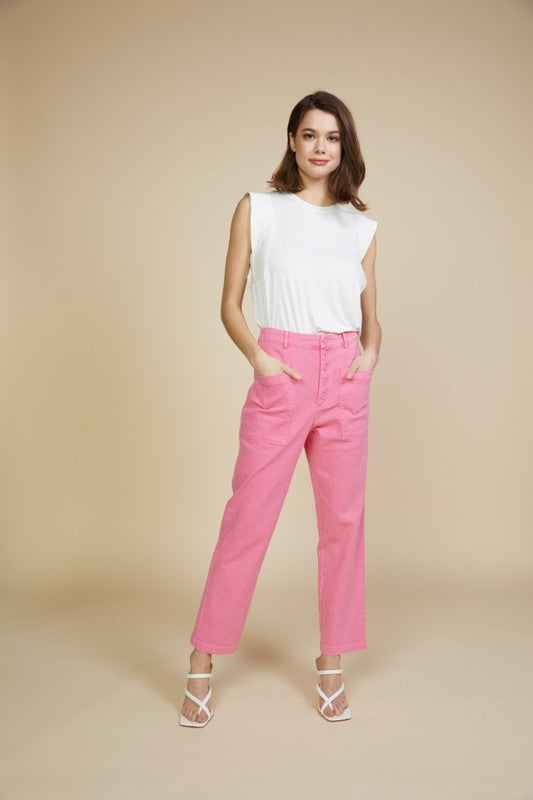 WASHED UTILITY DENIM PANTS - PINK