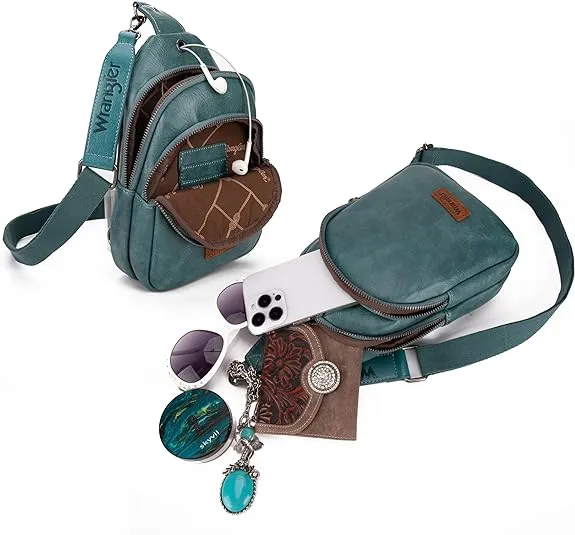 WG87-227 Wrangler Sling Bag/Crossbody/Chest Bag Dual Zippered Compartment -Turquoise