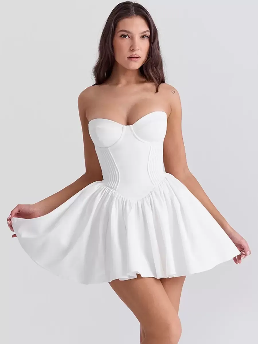 White Dress Off The Shoulder Pleated Backless Graduation Short Dress