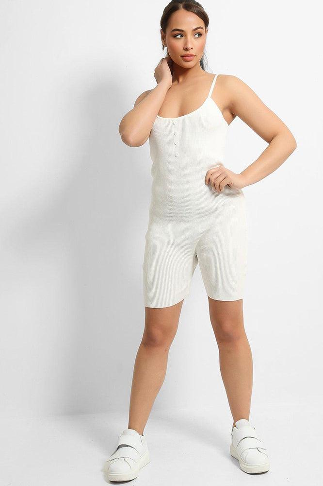 White Soft Rib Knit Button Details Cami Romper