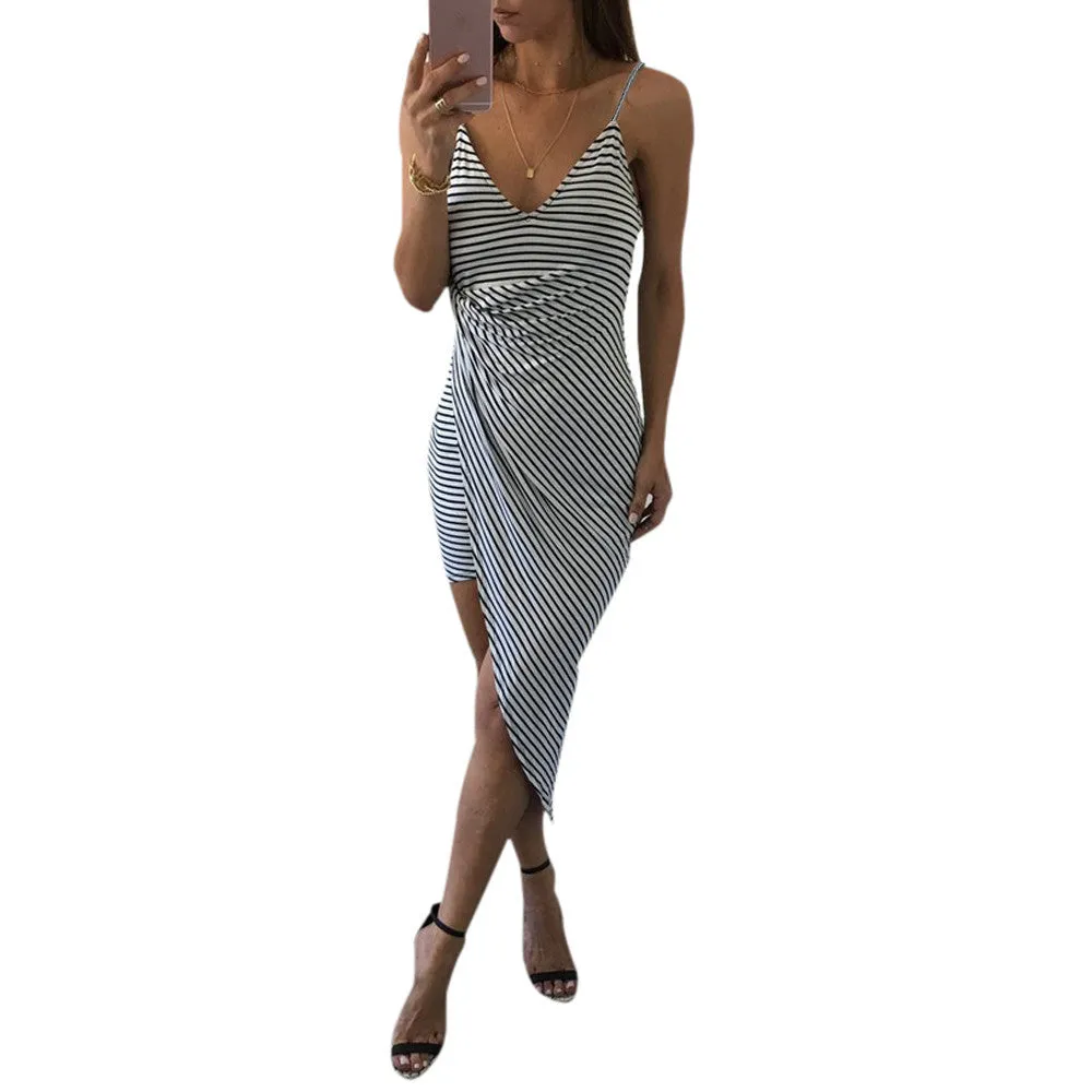 Women Sexy Black And White Striped V Neck Strap Backless Loose Bodycon Dress robe Feida