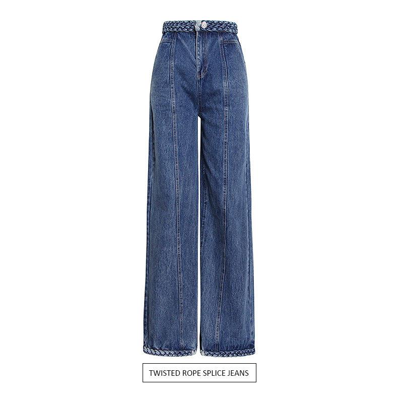 Woven Stitching High Waist Straight Wide Jeans